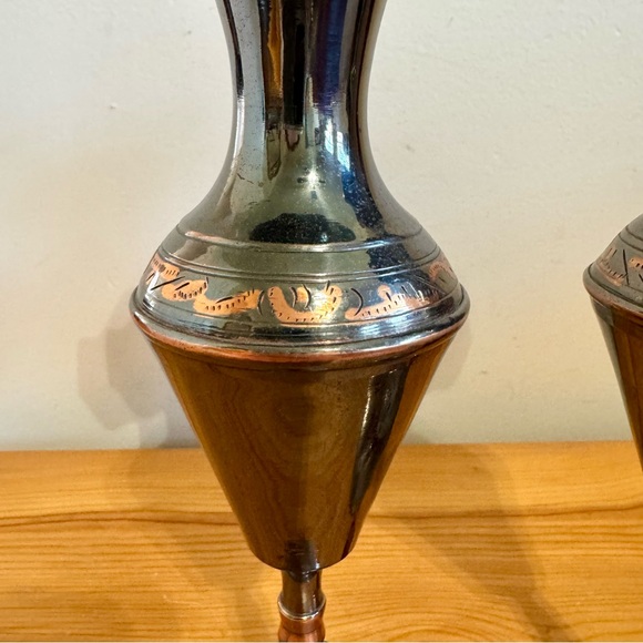 Vintage Bud Vase Set Pair Hand Etched Metal Dark Silver Copper Color - Picture 3 of 7
